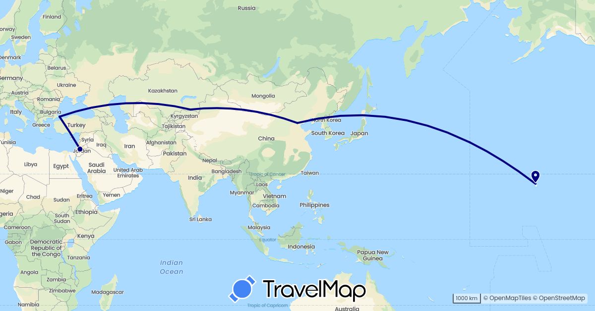 TravelMap itinerary: driving in China, Jordan, Kazakhstan, Turkey, United States (Asia, North America)